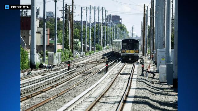 An LIRR train on the tracks. 