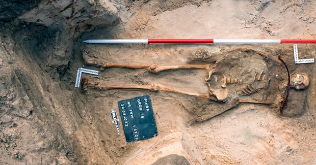 A female "vampire" skeleton was unearthed successful Poland, researchers announced. 