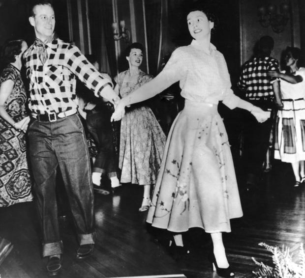 The Duke of Edinburgh dances with his wife, Princess Elizabeth, at a square dance held in their honour in Ottawa, by Governor General Viscount Alexander, 17th October 1951. The dance was one of the events arranged during their Canadian tour