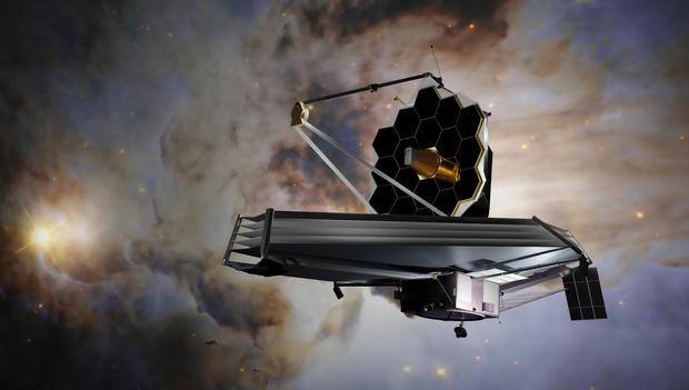 James Webb telescope in outer space on orbit of Earth. Planet surface and satellite. Elements of this image furnished by NASA. 3d rendering 