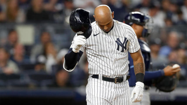 Aaron Hicks #31 of the New York Yankees strikes out to end the third inning against the Tampa Bay Rays at Yankee Stadium on September 09, 2022 in the Bronx borough of New York City. 