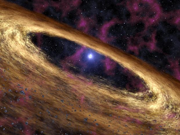 "The pulsar, called 4U 0142+61, was once a massive star until about 100,000 years ago when it blew up in a supernova explosion and scattered dusty debris into space. Some of that debris was captured into what astronomers refer to as a fallback disk, now circling the remaining stellar core, or pulsar. The disk resembles protoplanetary disks around young stars, out of which planets are thought to be born. Supernovas are a source of iron, nitrogen and other heavy metals in the universe. They spray these elements out into space, where they eventually come together in clouds that give rise to new stars and planets. The Spitzer finding demonstrates that supernovas might also contribute heavy metals to their own planets, a possibility that was first suggested when astronomers discovered planets circling a pulsar called PSR B1257+12 in 1992." 