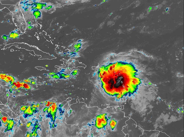 An infrared satellite image shows Tropical Storm Fiona at 6:30 a.m. ET on Sept. 17, 2022.