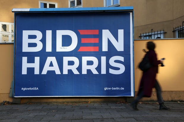 Biden-Harris Campaign Sign Hangs In Berlin As U.S. Presidential Election Votes Are Counted