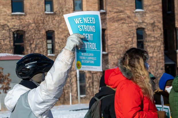 Minneapolis, Minnesota. Rally for strong rent control. The Minneapolis United for Rent Control coalition rallies to ñMake 2022 the year of Rent Control in Minneapolis!î