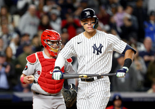 Aaron Judge #99 of the New York Yankees reacts after he struck out in the fifth inning as Reese McGuire #3 of the Boston Red Sox defends at Yankee Stadium on September 23, 2022 in the Bronx borough of New York City. 