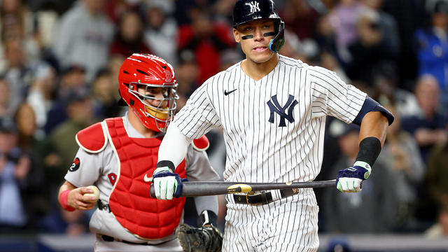 Aaron Judge #99 of the New York Yankees reacts after he struck out in the fifth inning as Reese McGuire #3 of the Boston Red Sox defends at Yankee Stadium on September 23, 2022 in the Bronx borough of New York City. 