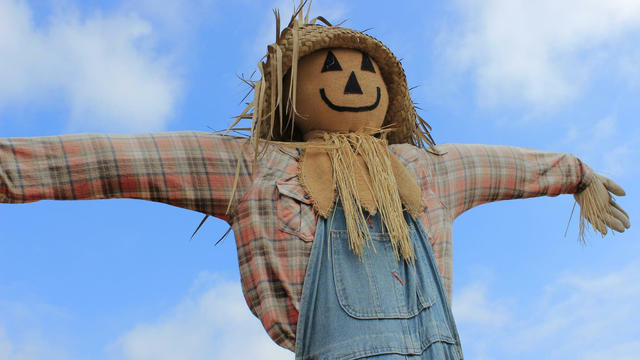 Low Angle View Scarecrow Against Cloudy Sky 
