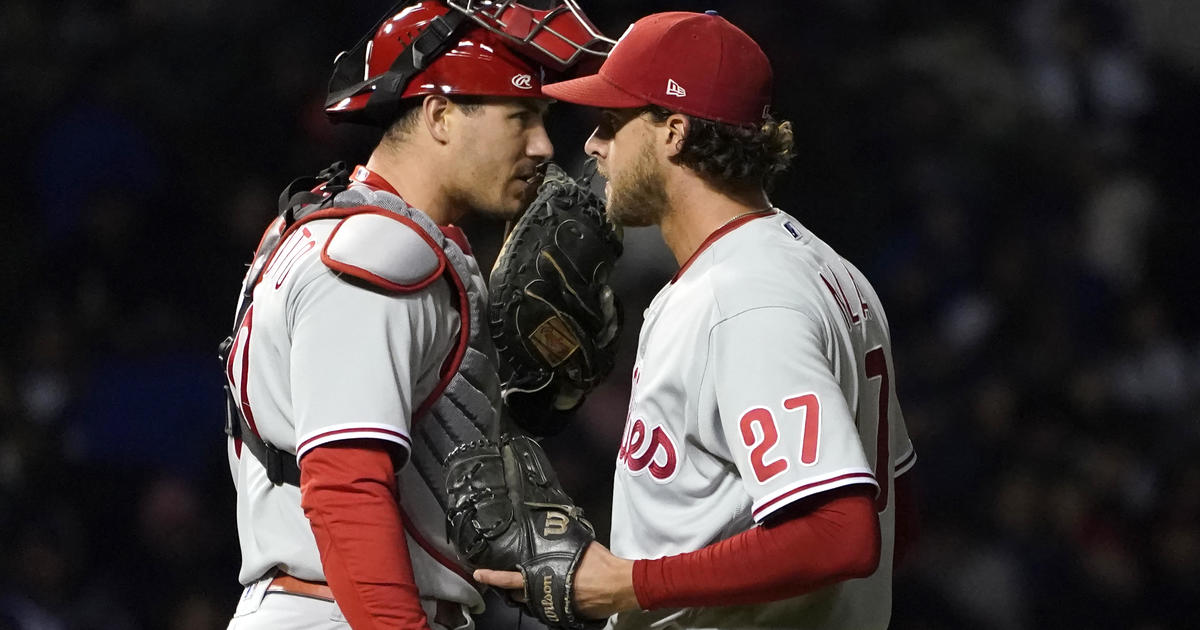 Philadelphia Phillies Rhys Hoskins and Aaron Nola attend an Eagles game