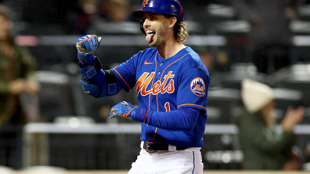 Jeff McNeil #1 of the New York Mets reacts after he hit a solo home run in the first inning against the Washington Nationals during game two of a double header at Citi Field on October 04, 2022 in the Flushing neighborhood of the Queens borough of New Yor 