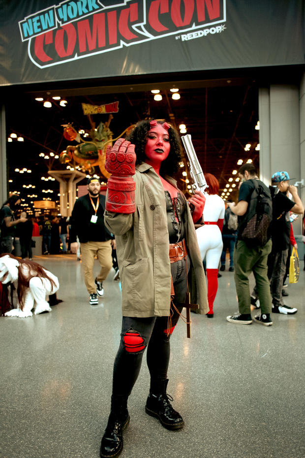 A Hellboy cosplayer attends New York Comic Con on October 06, 2022 in New York City. 