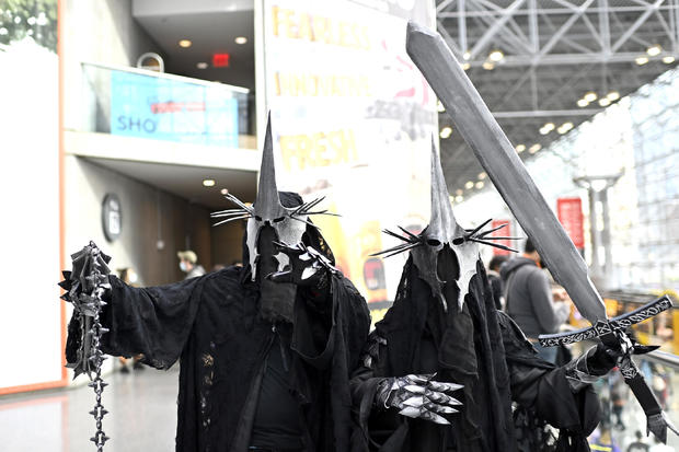 Witch-king of Angmar cosplayers pose during New York Comic Con 2022 on October 08, 2022 in New York City. 