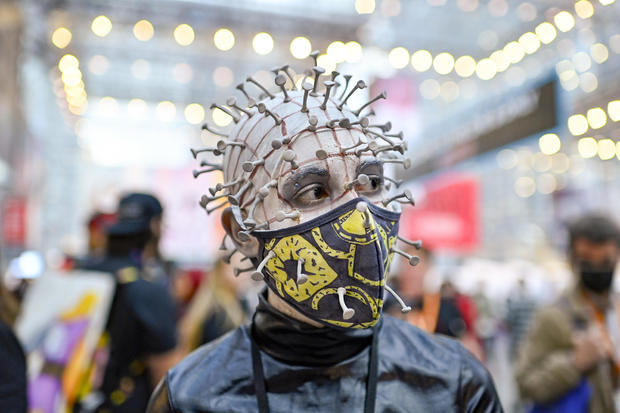 A cosplayer dressed as a Cenobite from Hellraiser poses during New York Comic Con 2022 on October 07, 2022 in New York City. 