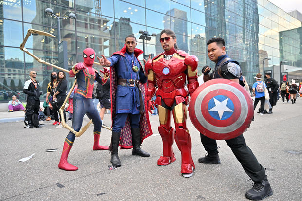 Spider-Man, Doctor Strange, Iron Man and Captain America cosplayers pose during New York Comic Con 2022 on October 07, 2022 in New York City. 