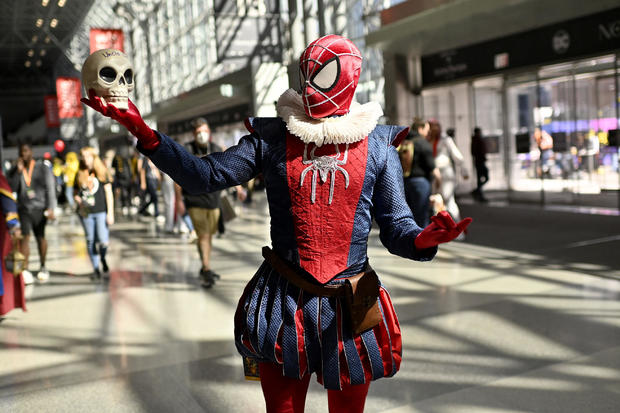 A Spider-Man cosplayer poses during New York Comic Con 2022 on October 08, 2022 in New York City. 