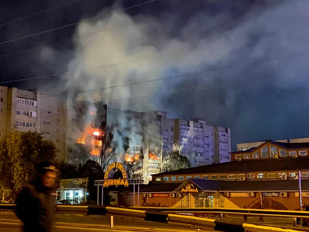 A Russian warplane crashed in a residential area in the southern city of Yeysk, Russia, Oct. 17, 2022. 