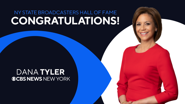 A graphic showing CBS2's Dana Tyler reading "NY State Broadcasters Hall of Fame, congratulations!" 