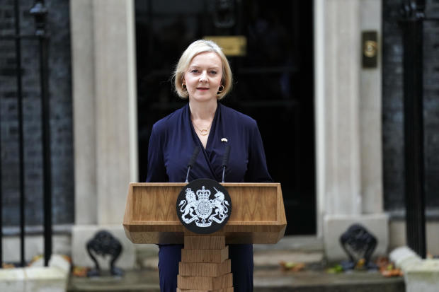 Prime Minister Liz Truss makes a statement outside 10 Downing Street in London, where she announced her resignation as prime minister Oct. 20, 2022. 