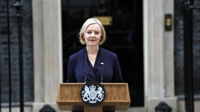 Prime Minister Liz Truss makes a statement outside 10 Downing Street in London, where she announced her resignation as prime minister Oct. 20, 2022. 