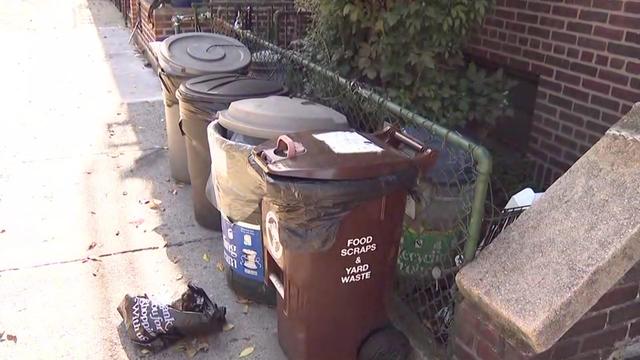 A compost bin sits alongside other garbage cans on a sidewalk in Queens. 