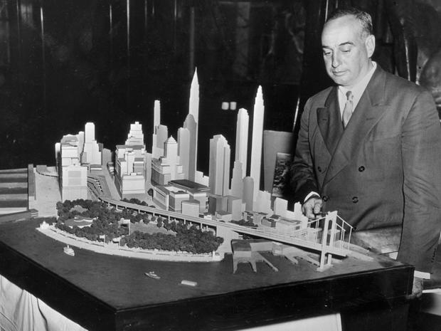 Robert Moses Standing over Model of Manhattan 