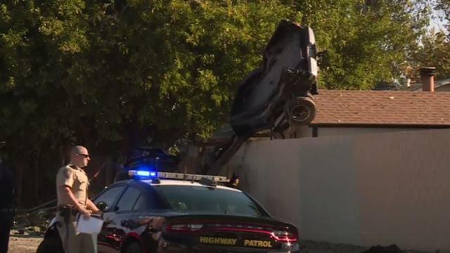 Vehicle on house in Antelope after crash 