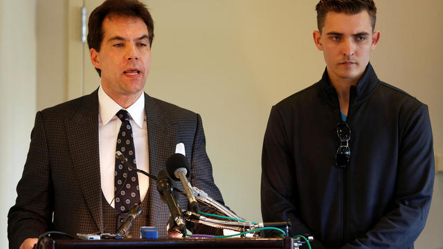 Jack Burkman, a lawyer and Republican operative, and Jacob Wohl, speak during a news conference to address their allegations against Special Counsel Robert Mueller in Arlington, Virginia 