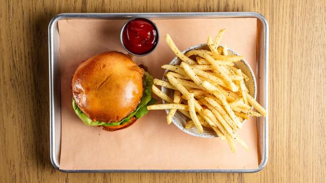 American food,Directly above shot of burger and french fries in plate on table,Massachusetts,United States,USA 