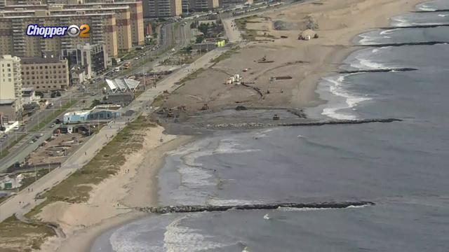 An aerial shot of a beach in the Rockaways where construction is underway. 