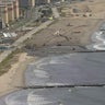 An aerial shot of a beach in the Rockaways where construction is underway. 