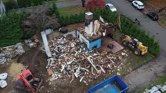 An aerial shot of a completely demolished home. 