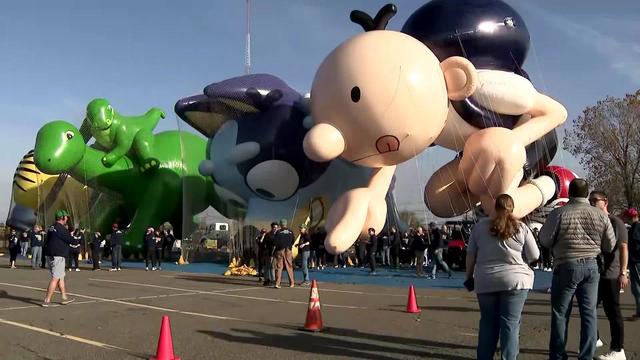 Four giant balloons from the Macy's Thanksgiving Day Parade are held to the ground under nets. 