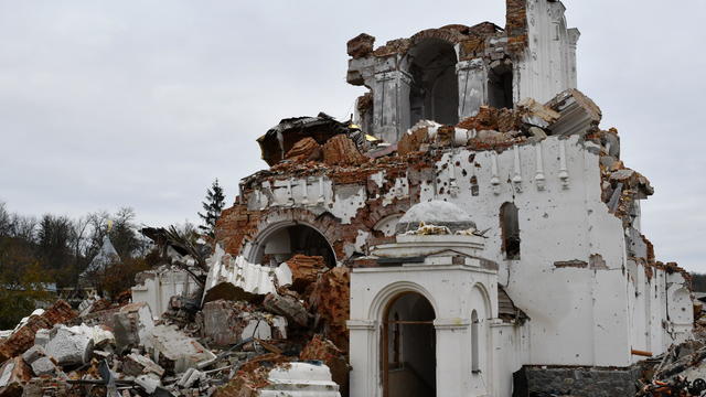 A view of St. George's male Skete, damaged by fighting, in 