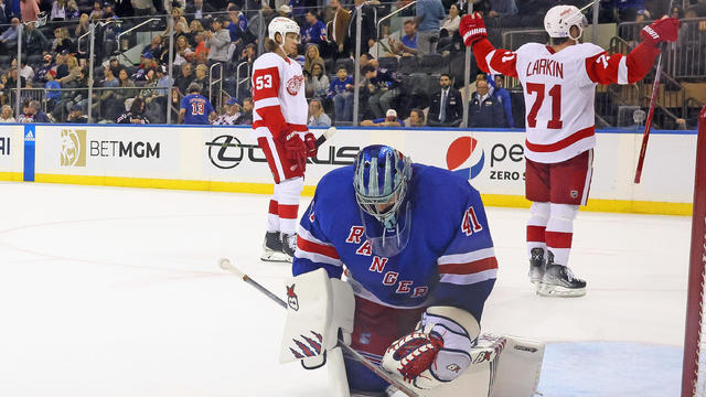 Jaroslav Halak #41 of the New York Rangers reacts after giving up the game winning goal to Dominik Kubalik #81 of the Detroit Red Wings at Madison Square Garden on November 06, 2022 in New York City. 