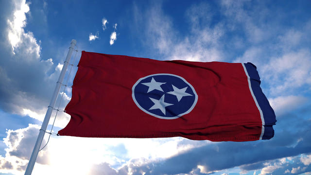 Tennessee flag on a flagpole waving in the wind, blue sky background. 3d rendering 