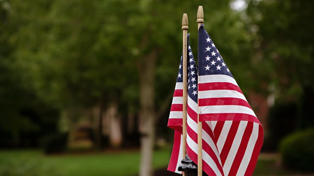 American Flags outside home in residential neighborhood 