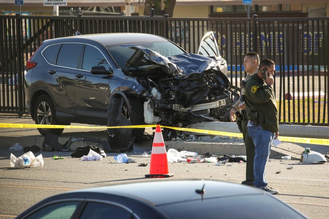 Ten Los Angeles County sheriffs cadets were injured when a driver plowed into them.
