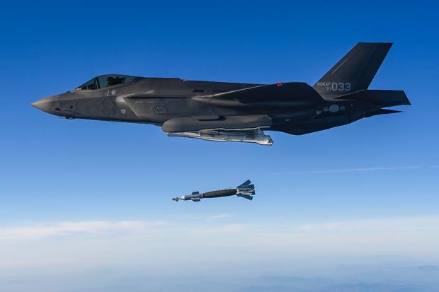 A photo provided by South Korea's Joint Chiefs of Staff is said to show a South Korean Air Force F-35 fighter jet taking part in an exercise
