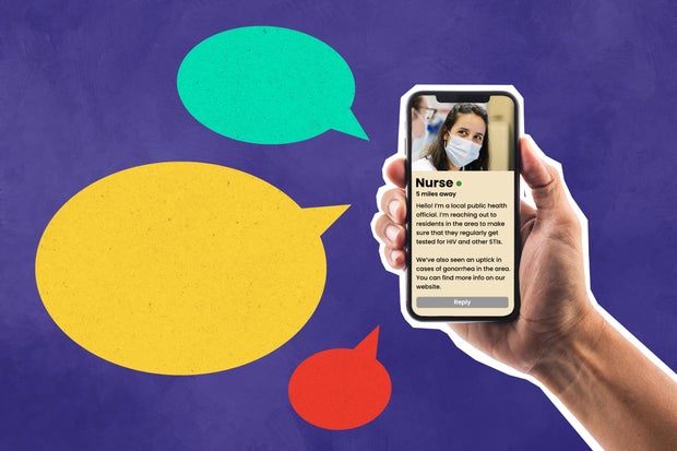 Illustration Credit: Eric Harkleroad/KHN illustration; Getty Images Alt - text for accessibility: An illustration shows someone holding a phone with a public health nurse's profile on a dating app. Her profile bio has a message about STI testing. Beside t