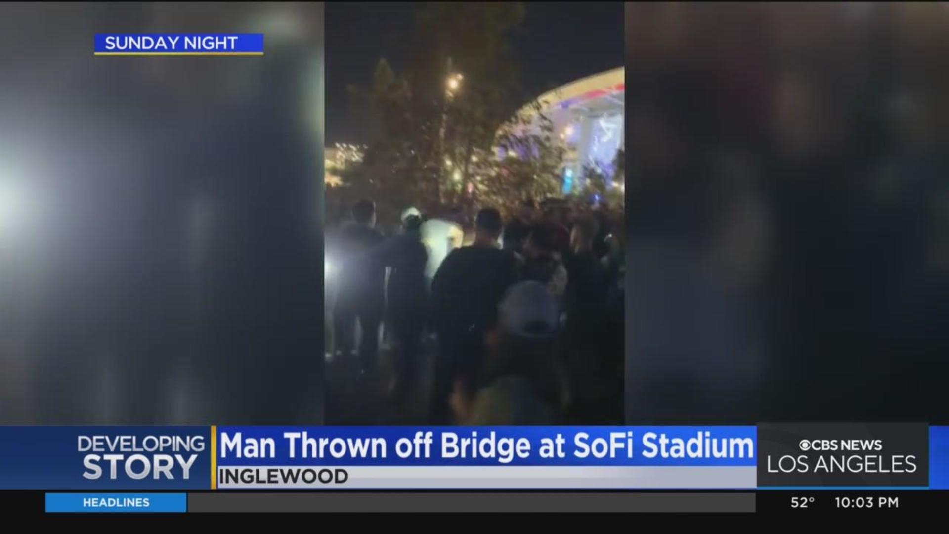 Wild video shows man getting thrown off bridge at SoFi Stadium - CBS Los  Angeles