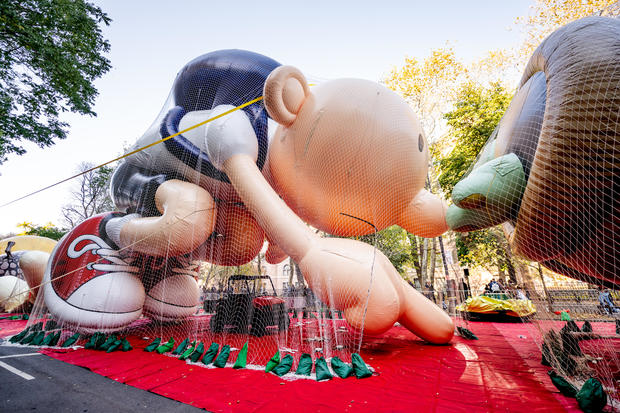 The Diary of a Wimpy Kid balloon is being inflated during the 96th Macy's Thanksgiving Day Parade balloon inflation at Central Park on November 23, 2022 in New York City. 