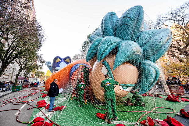 The Goku from Dragon Ball Z balloon is being inflated during the 96th Macy's Thanksgiving Day Parade balloon inflation at Central Park on November 23, 2022 in New York City. 