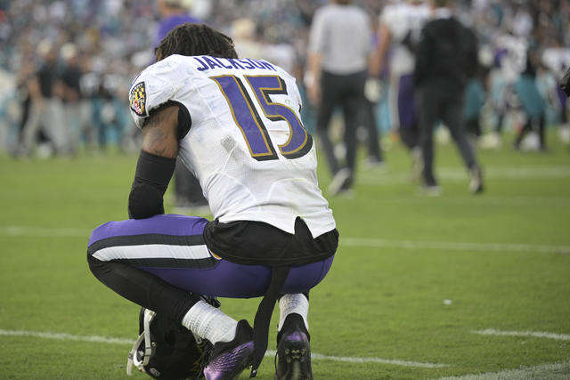 Baltimore Ravens center Trystan Colon (63) walks off the field at halftime  of an NFL football game against the Jacksonville Jaguars, Sunday, Nov. 27,  2022, in Jacksonville, Fla. (AP Photo/Gary McCullough Stock