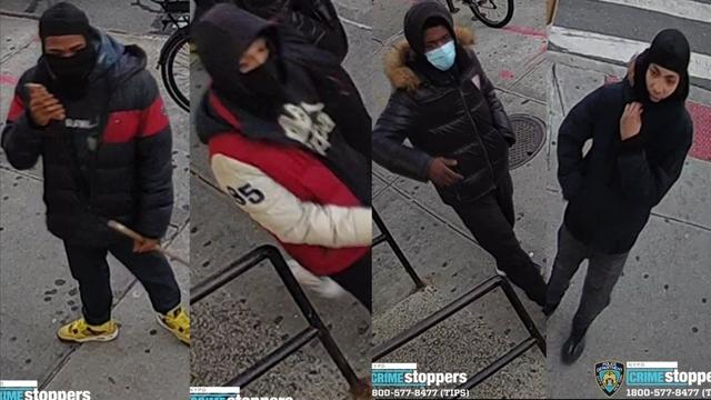 Surveillance photos of suspects wanted in connection with a gang assault. 