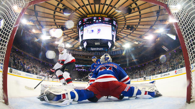 Brady Tkachuk #7 of the Ottawa Senators shoots and scores in overtime against Igor Shesterkin #31 of the New York Rangers to give his team the 3-2 win at Madison Square Garden on December 2, 2022 in New York City. 