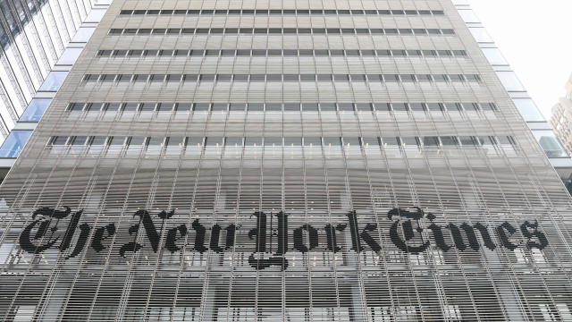 The New York Times logo is seen on the building in New York City, United States on October 27, 2022. 