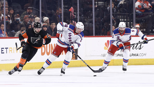 Jimmy Vesey #26 of the New York Rangers skates with the puck during the third period against the Philadelphia Flyers at Wells Fargo Center on December 17, 2022 in Philadelphia, Pennsylvania. 