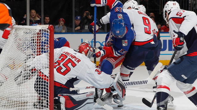 Darcy Kuemper #35 of the Washington Capitals makes a save against the New York Rangers at Madison Square Garden on December 27, 2022 in New York City. 