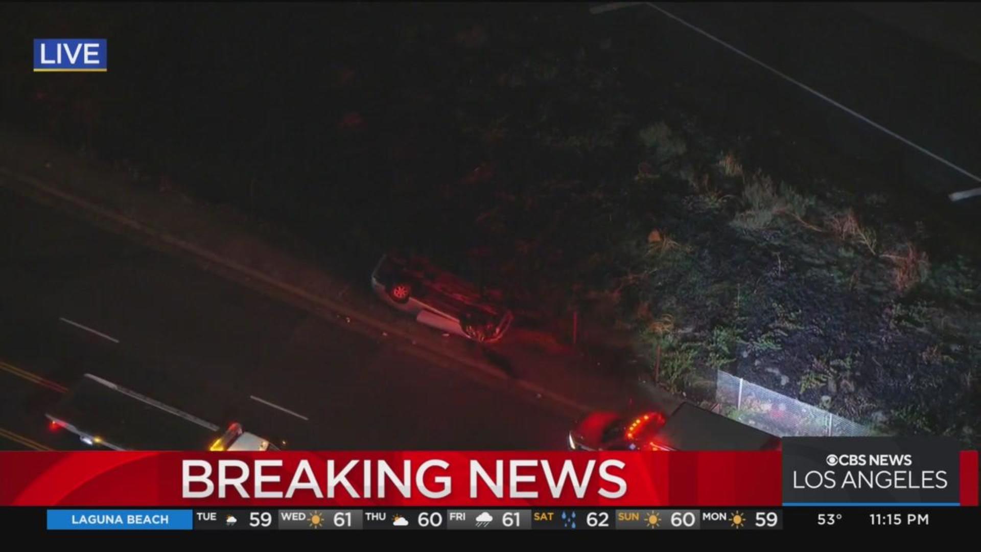 Authorities investigating single-car crash in North Hollywood; vehicle  overturned near 170 Freeway