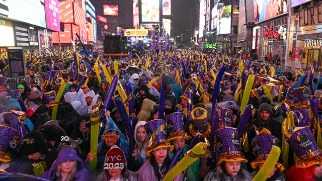 Revelers celebrate New Year's Eve in Times Square in the rain on December 31, 2022 in New York City. 